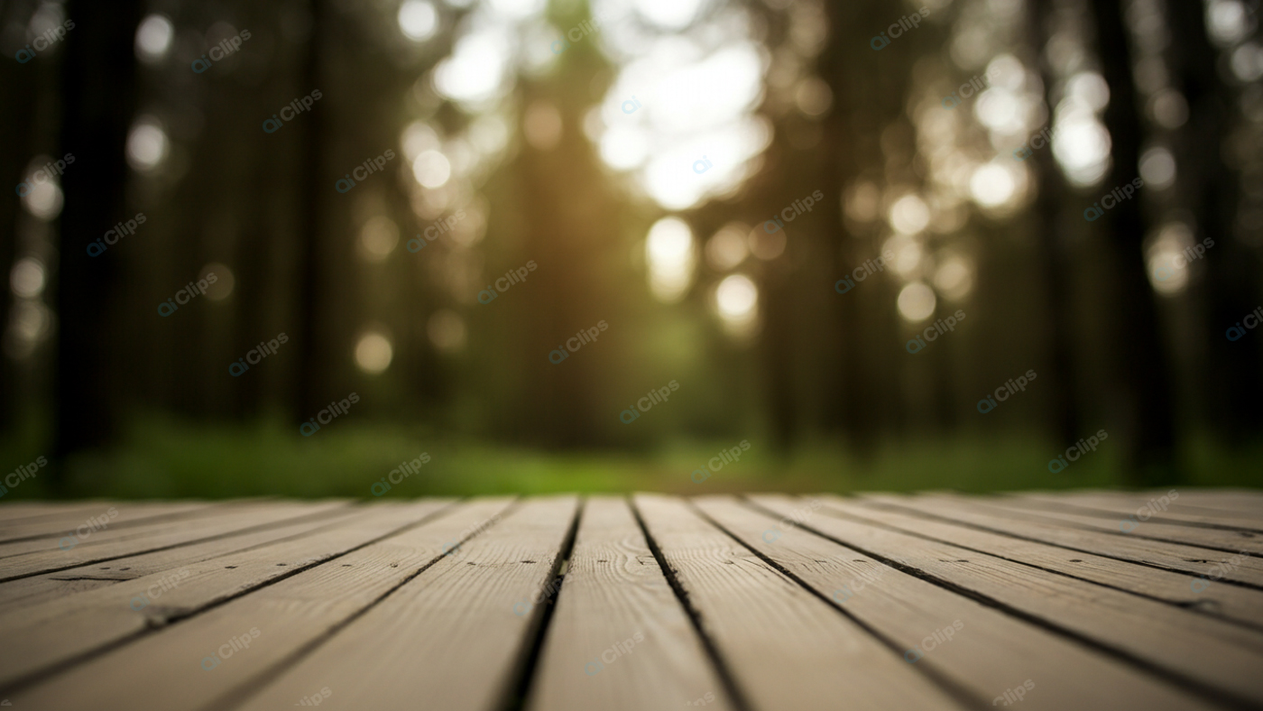 Wooden Deck with Forest Background in Golden Light