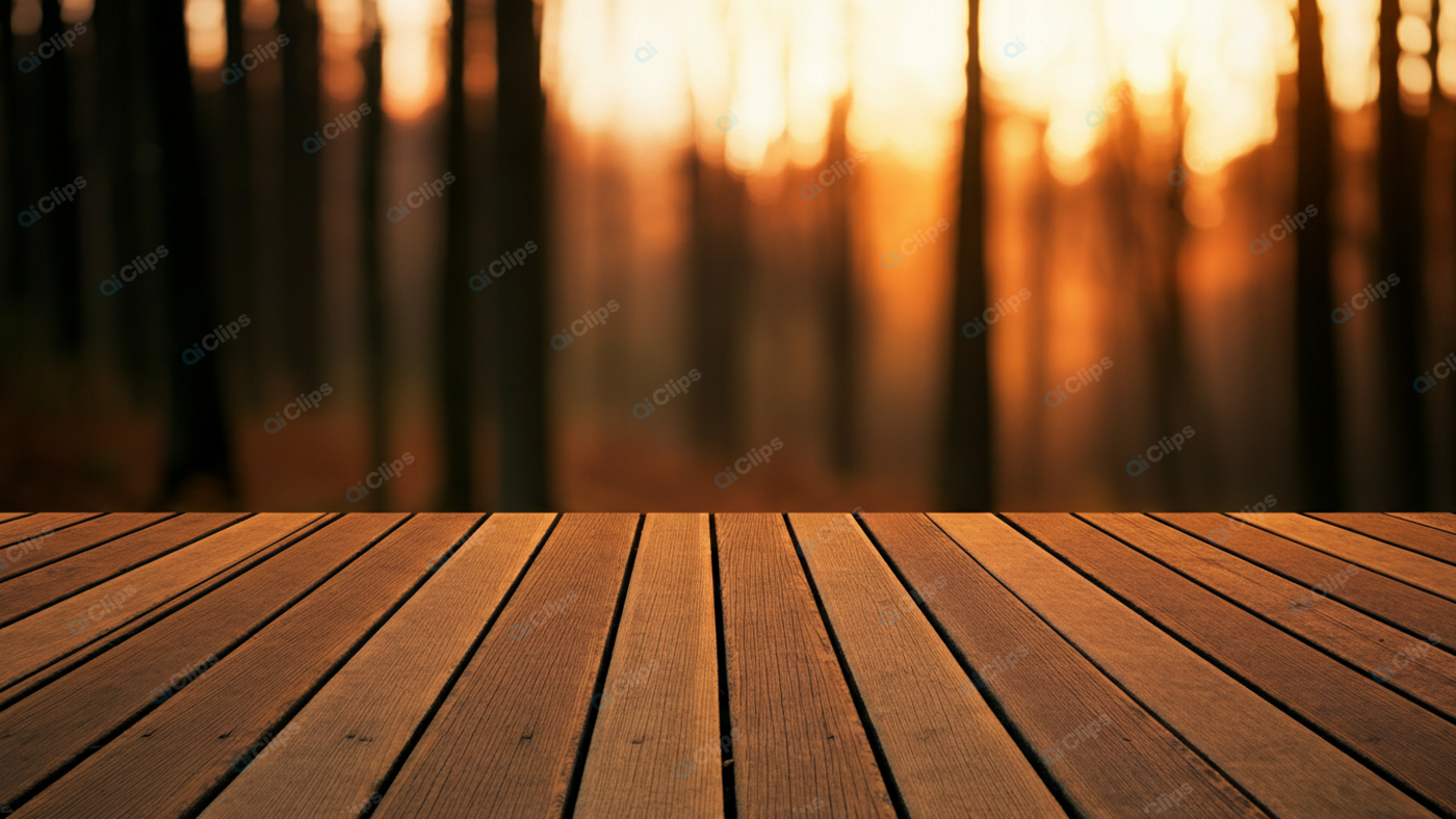 Wooden Deck Against Blurred Forest Sunset Background