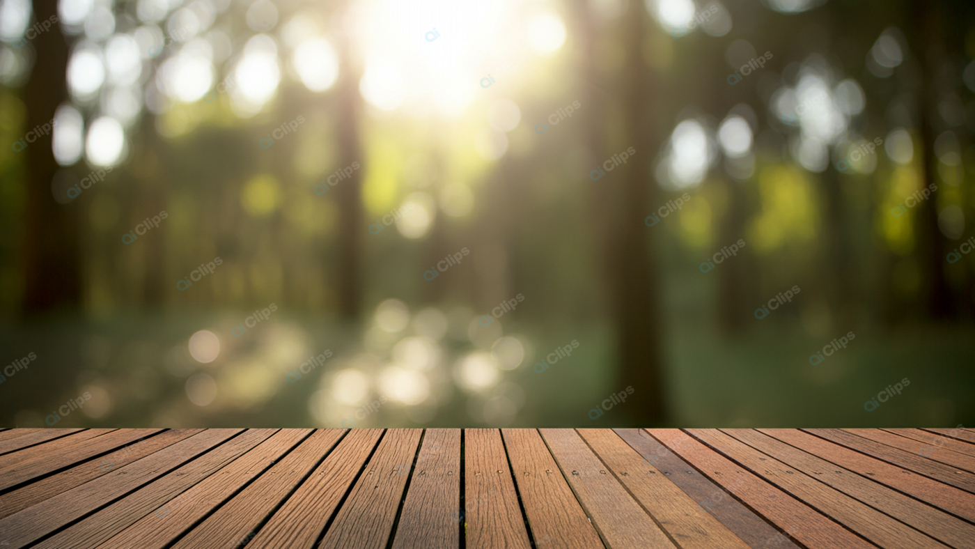 Wooden Deck Overlooking Sunlit Forest Background