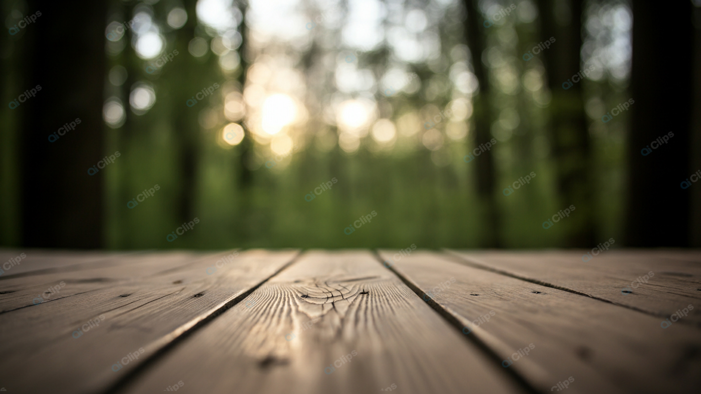 Wooden Deck with Sunlit Forest Background