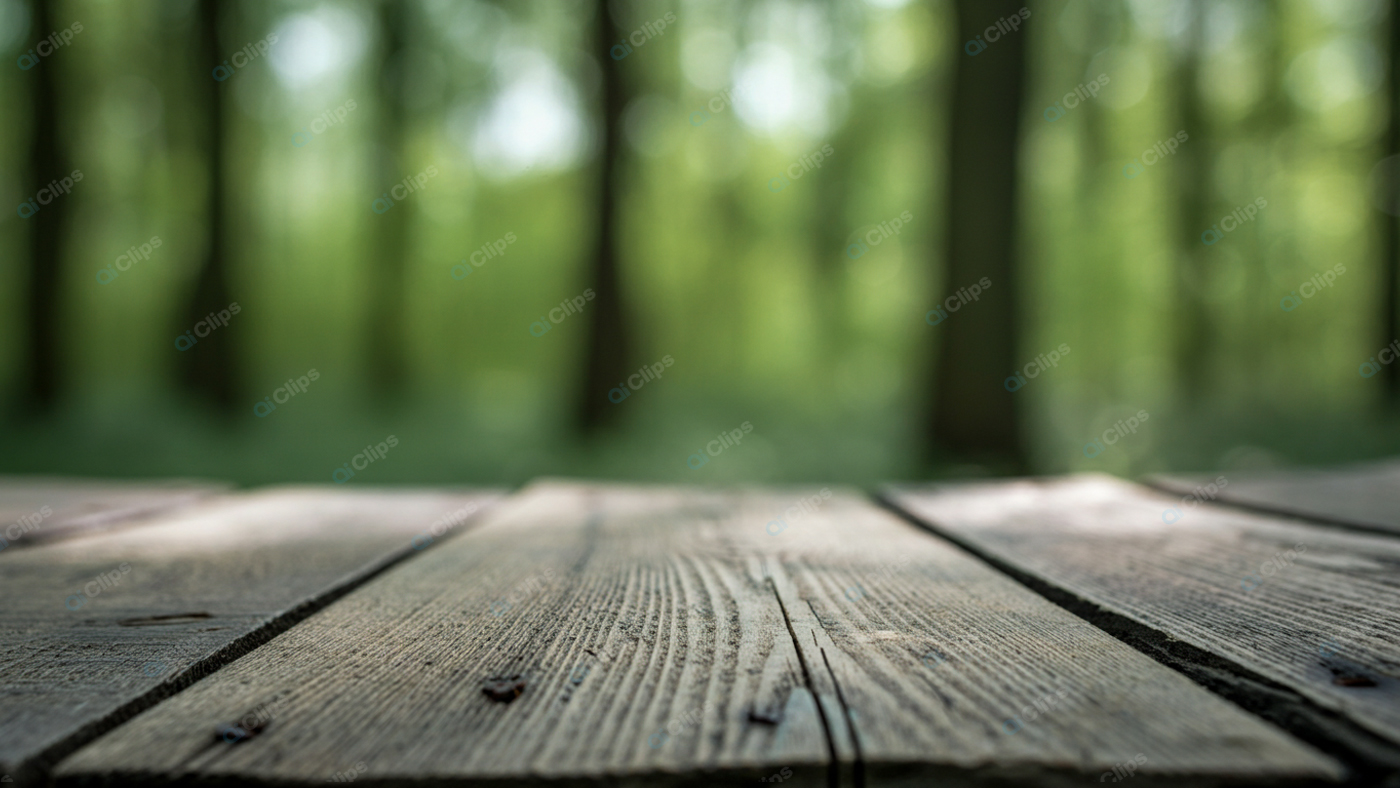 Rustic Wooden Table in Forest Blur Background