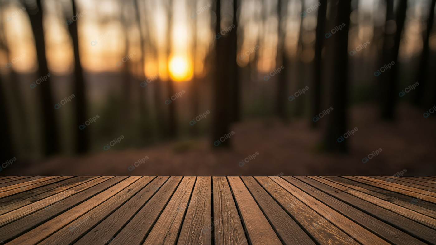 Wooden Deck Overlooking Forest Sunset