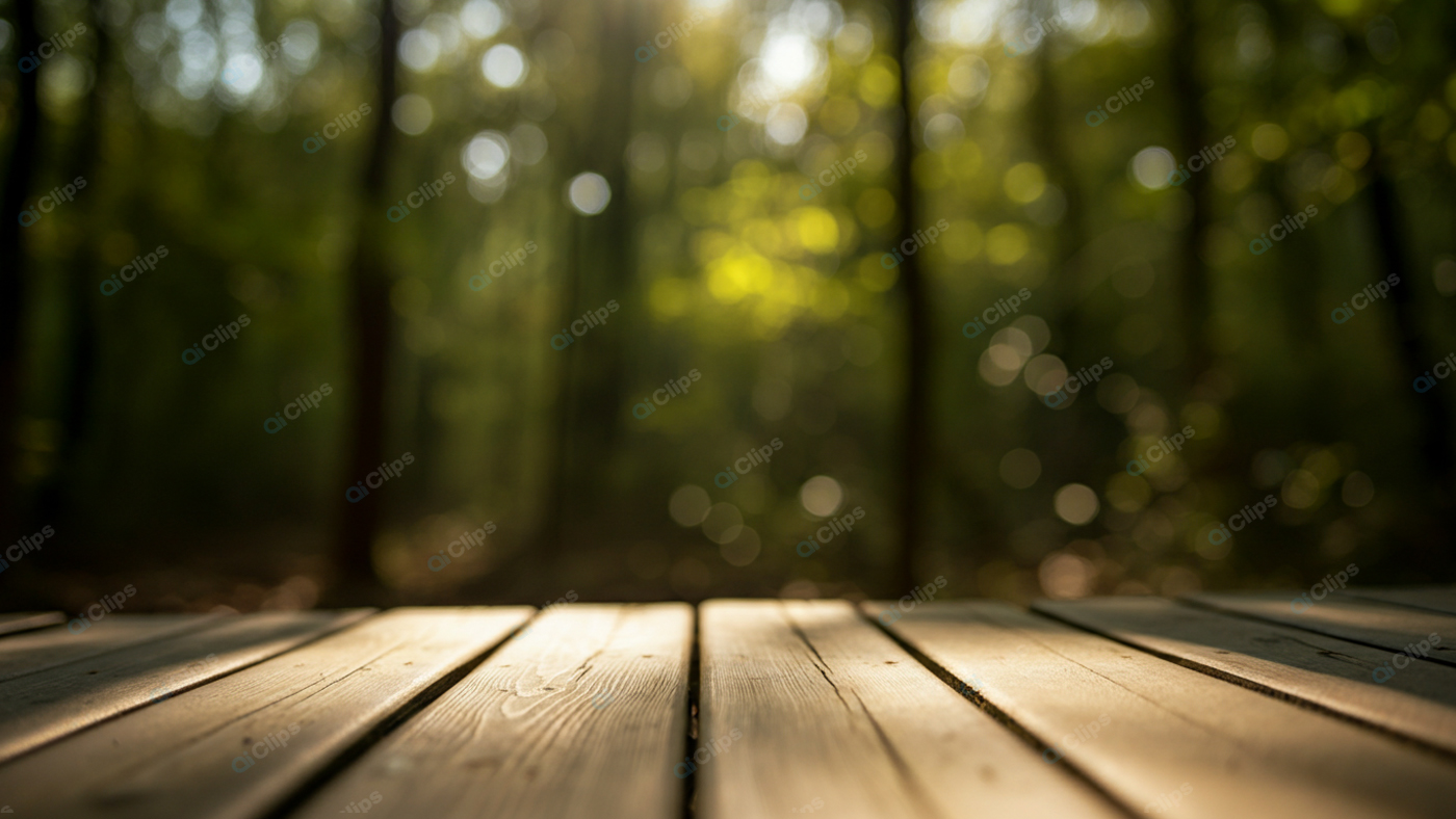 Wooden Deck in Sunny Forest Background
