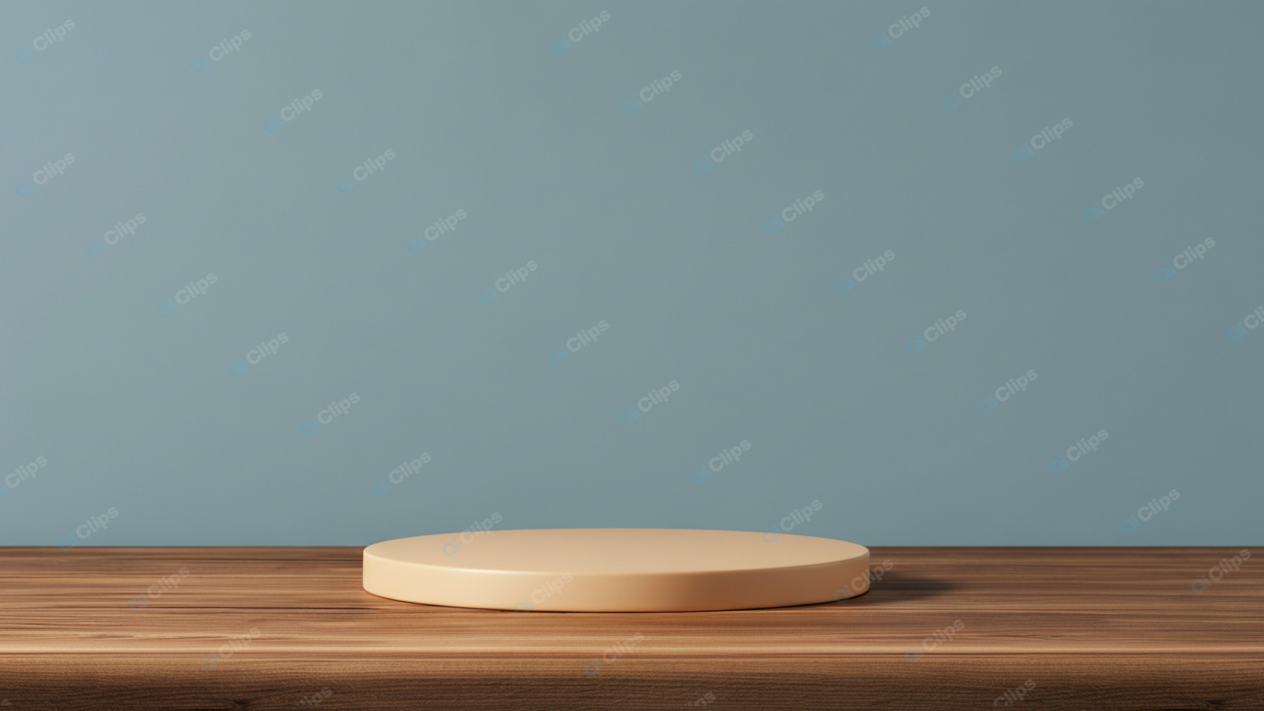 Wooden Table with Empty Display Pedestal Against Blue Wall