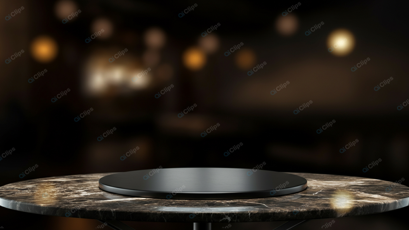 Sleek Black Lazy Susan on Marble Table with Blurred Bistro Lights