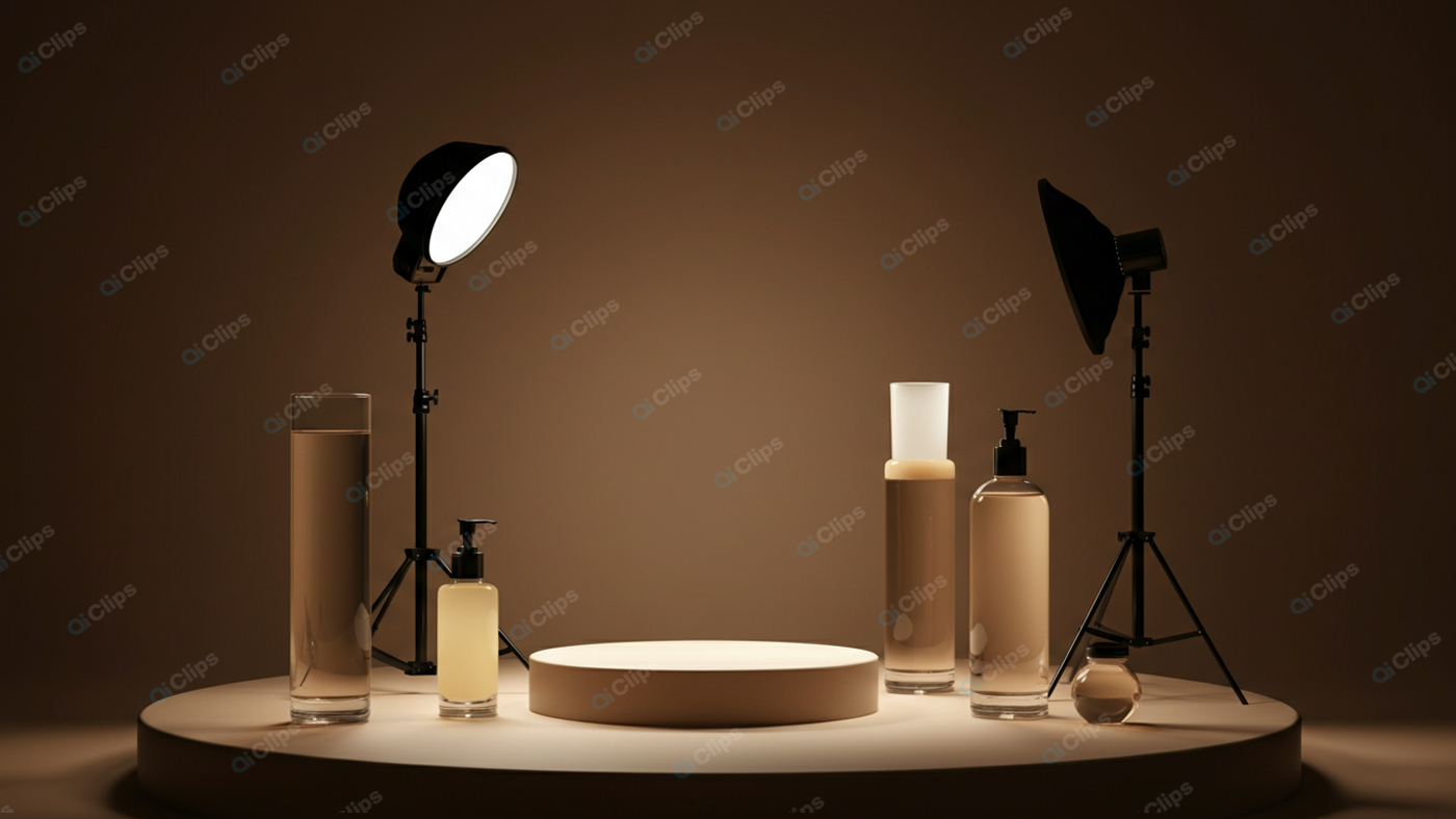 Studio Display with Cosmetic Bottles and Lighting Equipment