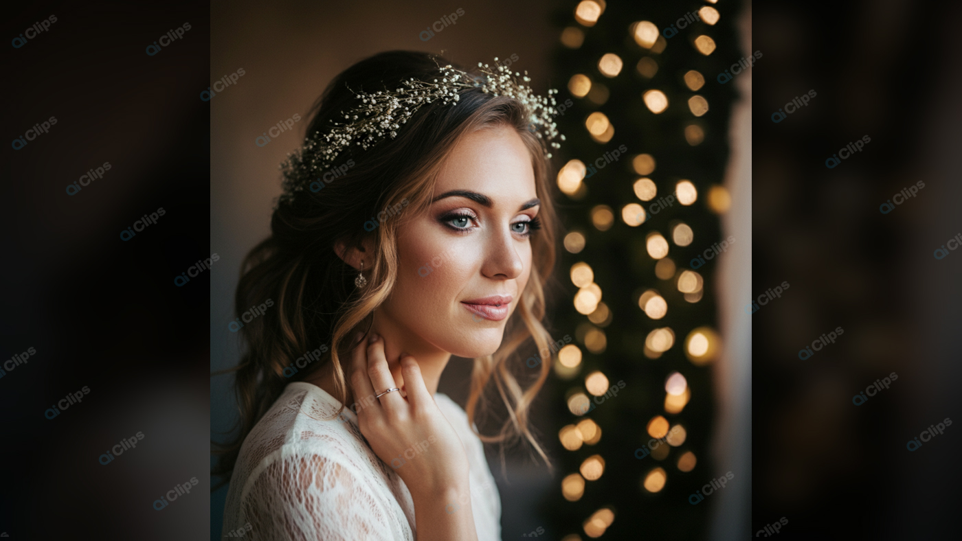 Bridal Portrait with Floral Headpiece and Bokeh Lights
