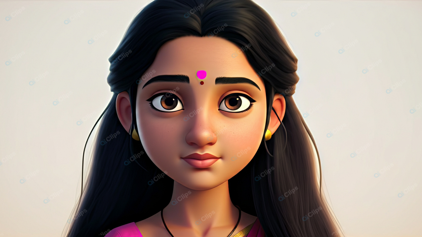 Animated Young Woman with Traditional Bindi and Earrings