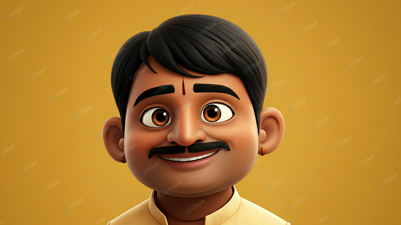 Smiling Cartoon Character with Mustache on Yellow Background
