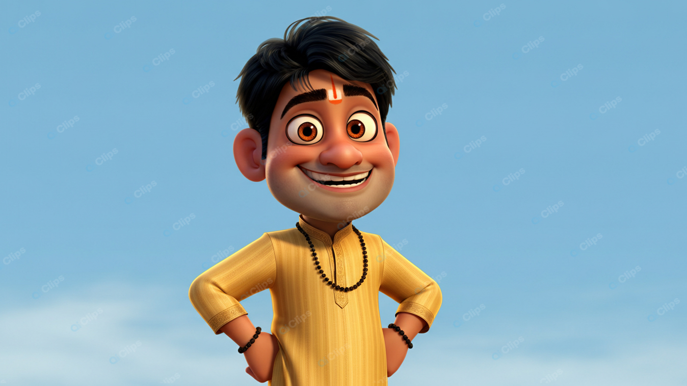 Cheerful Animated Character in Traditional Outfit