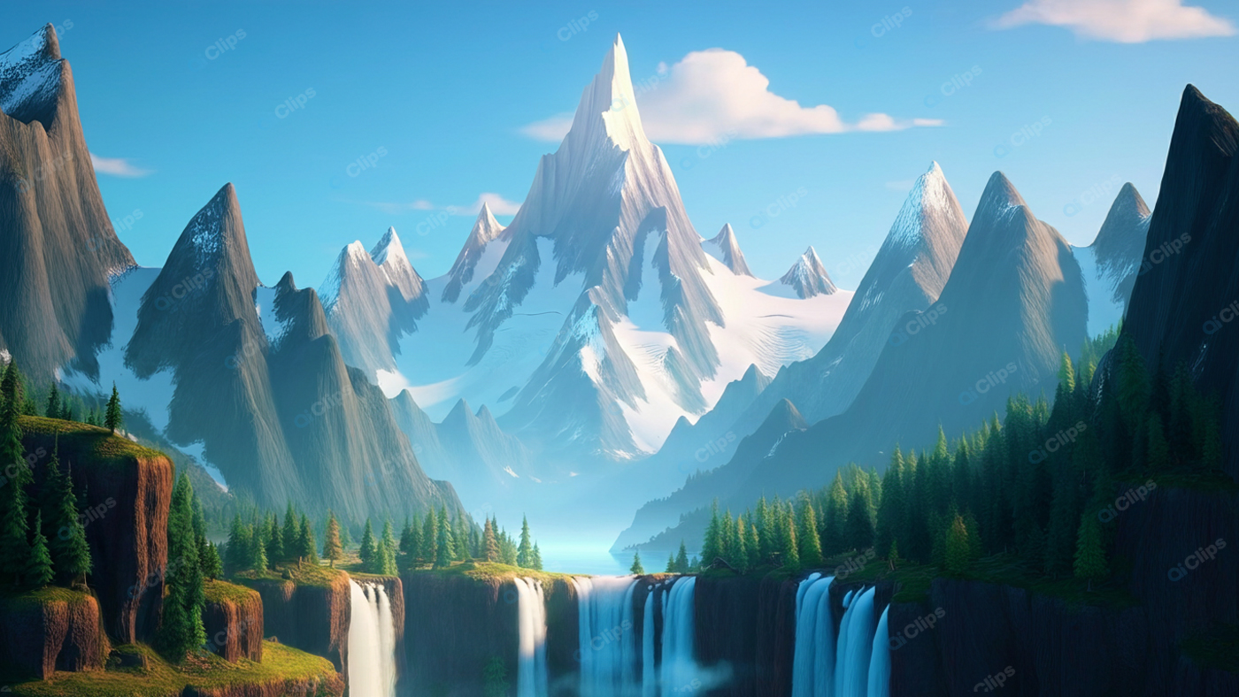 Snowy Mountain Peaks with Waterfalls and Forest Scenery