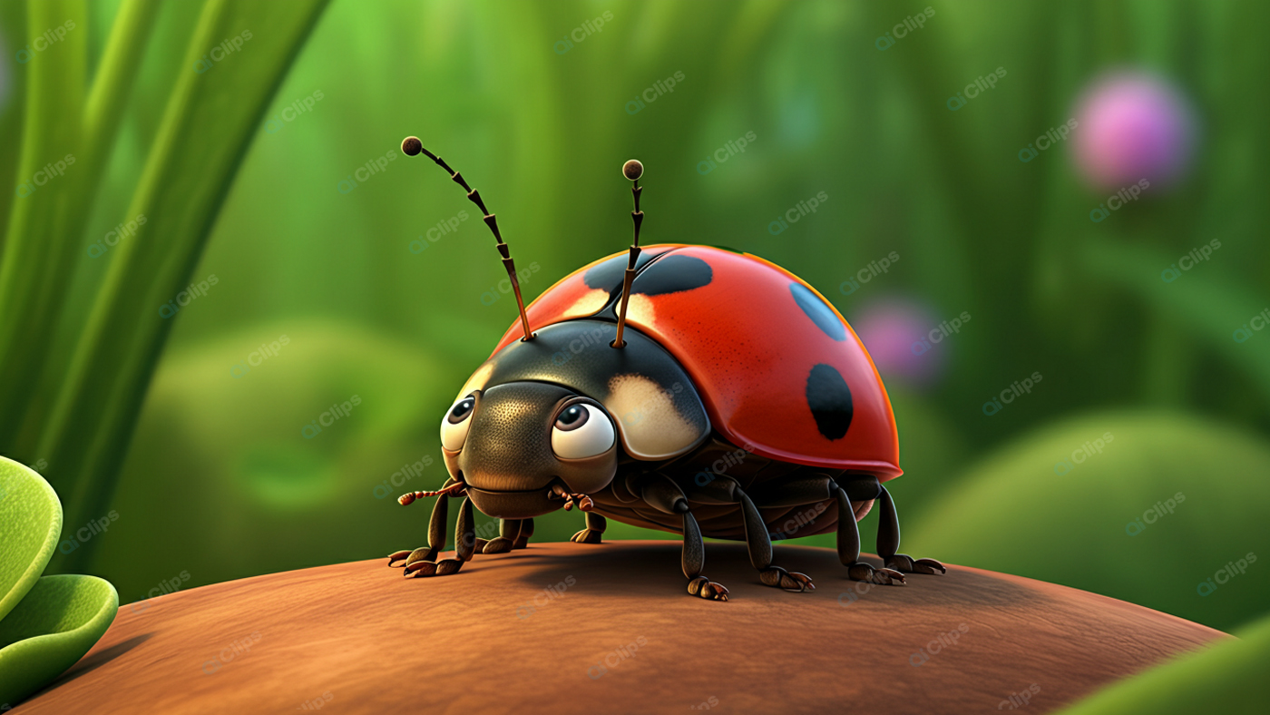 Cartoon Ladybug on Leaf in Vibrant Garden