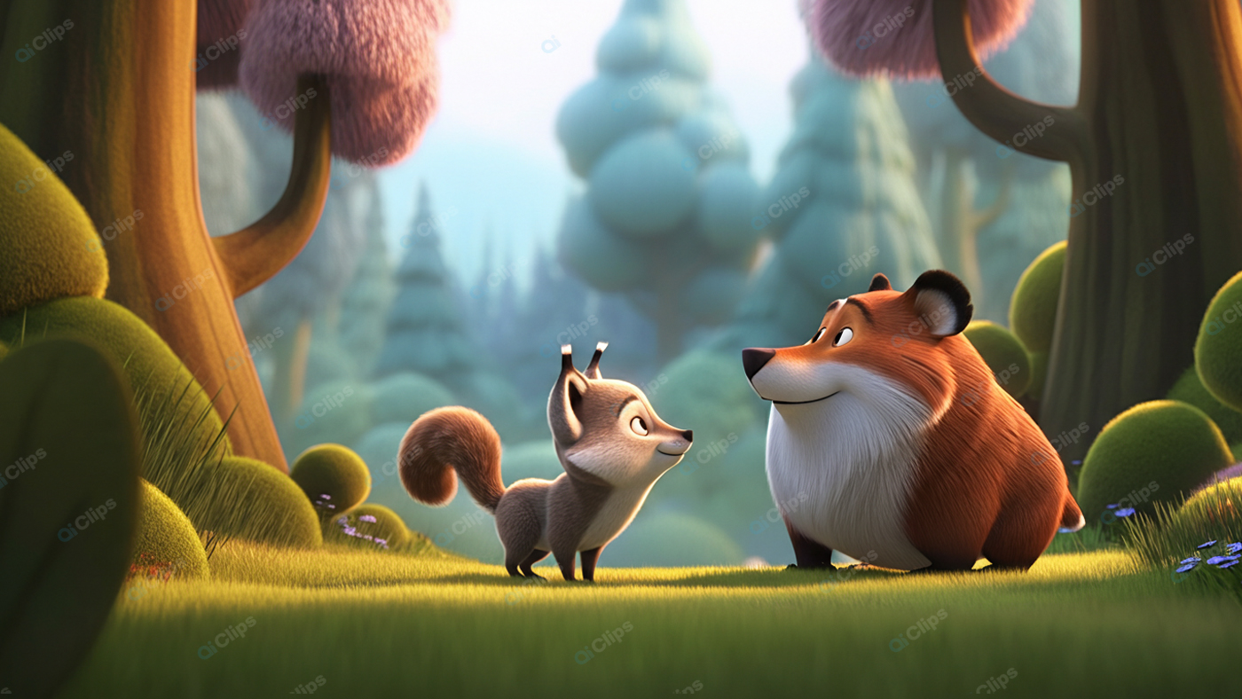 Whimsical Forest with Cartoon Squirrel and Bear