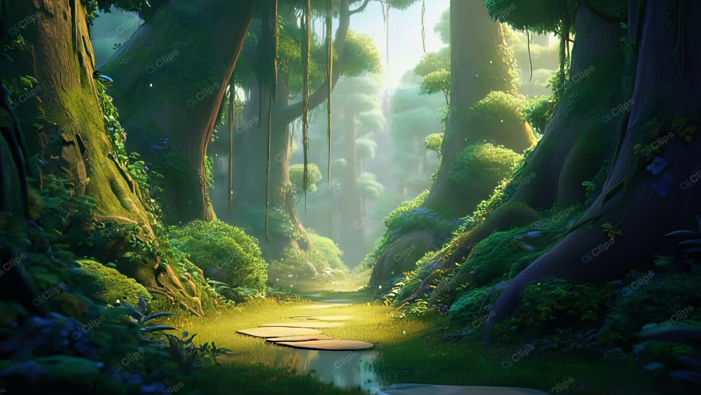 Enchanted Forest Pathway with Sunlight and Mist