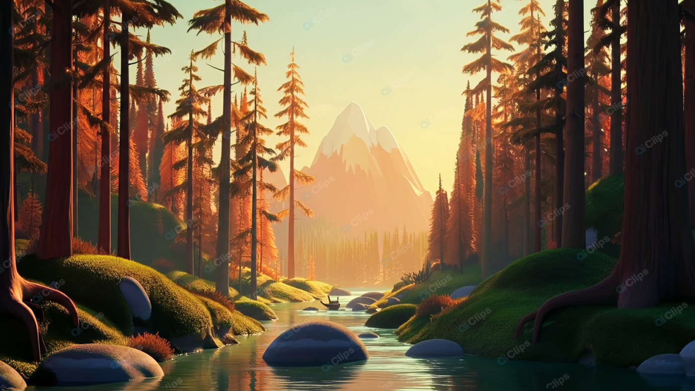 Sunlit Forest Stream with Mountain Backdrop