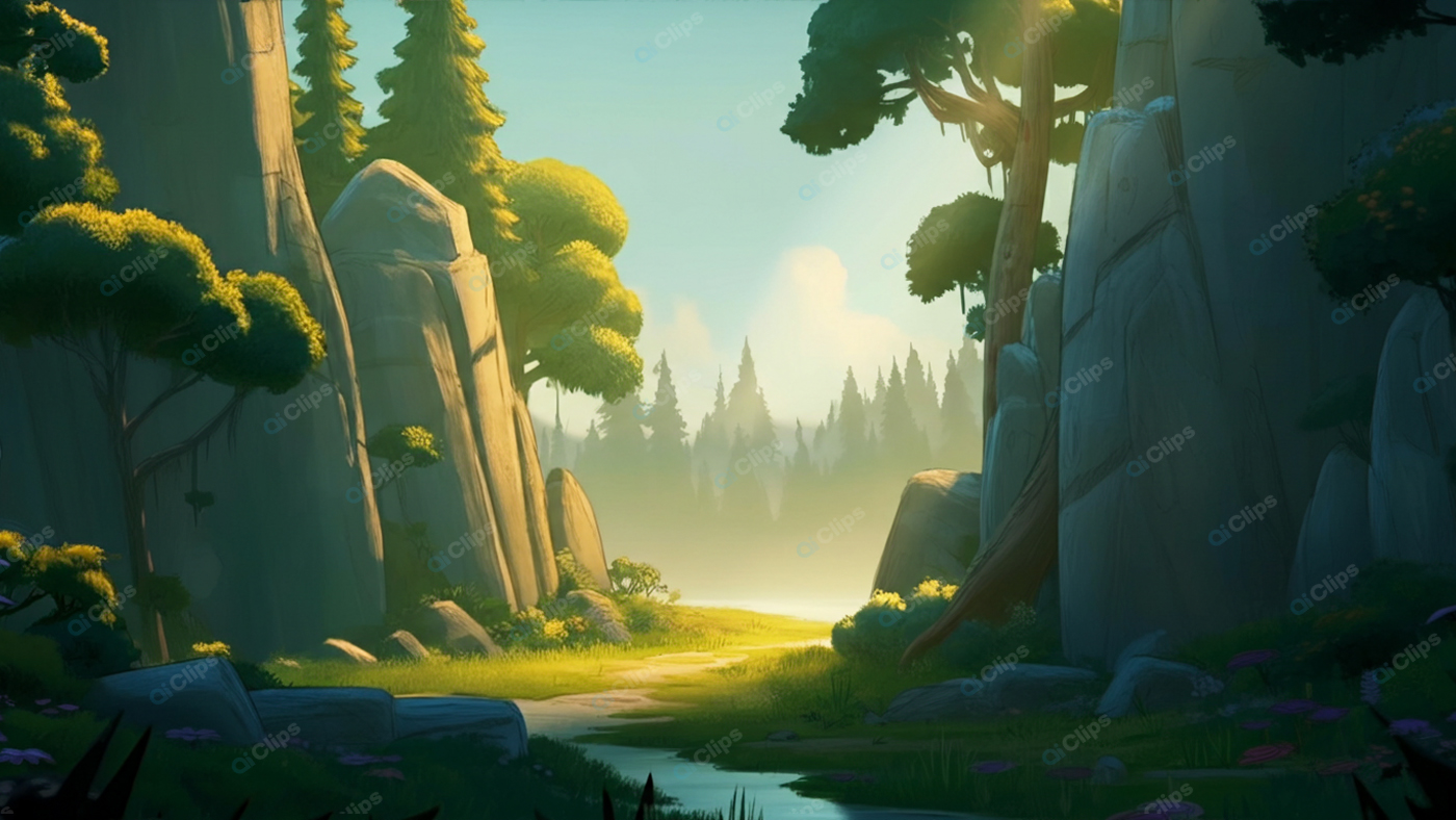 Forest Pathway Amid Towering Cliffs at Sunrise