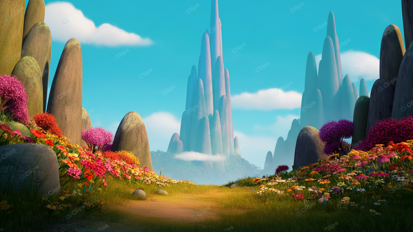 Fantasy Landscape with Colorful Flowers and Rock Formations