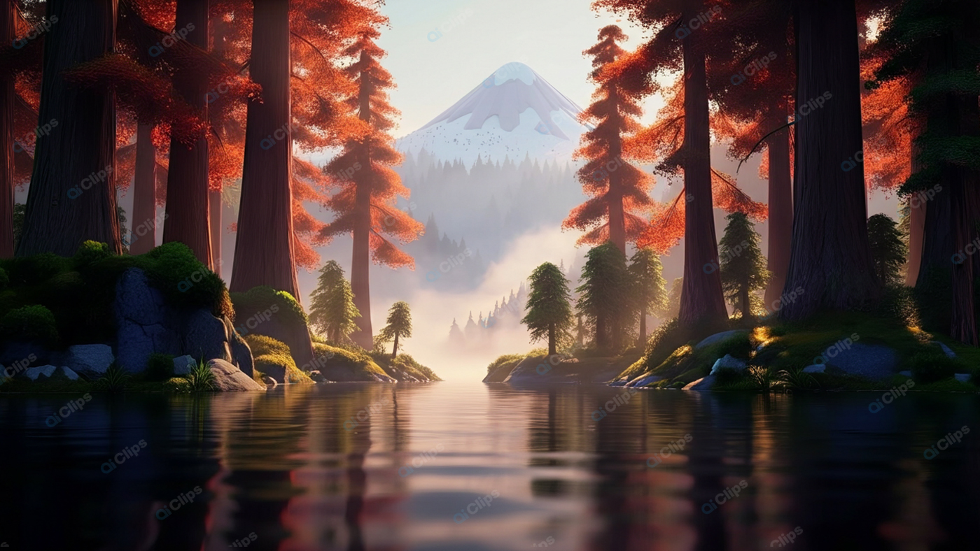Scenic Forest Lake with Snow-Capped Mountain View