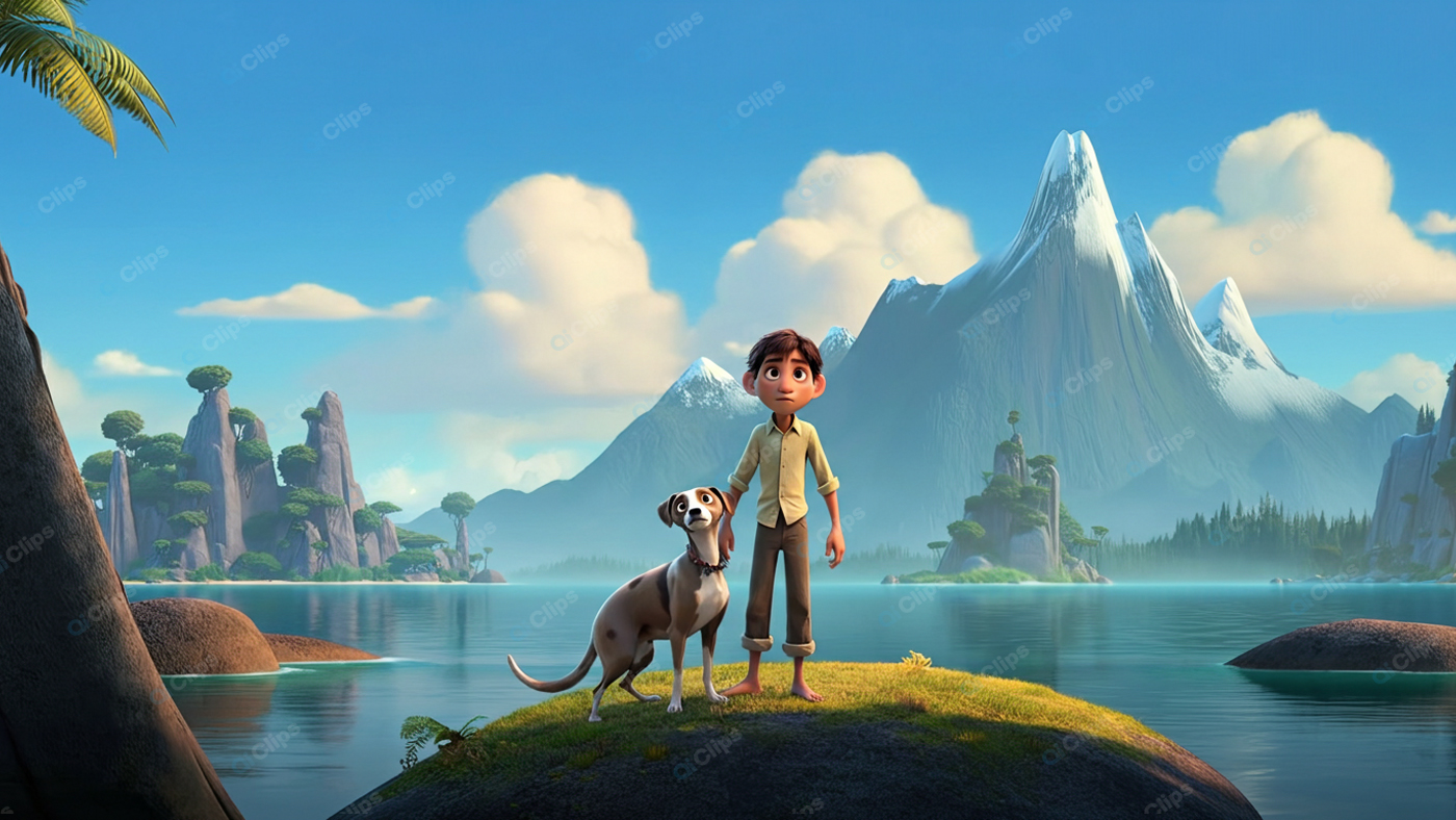 Boy and Dog on Island with Mountainous Landscape