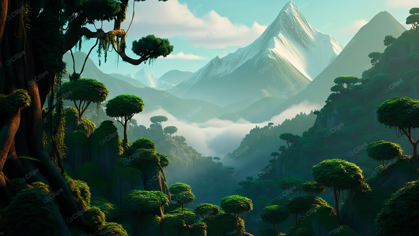 Mountain View with Misty Forest and Snowy Peaks