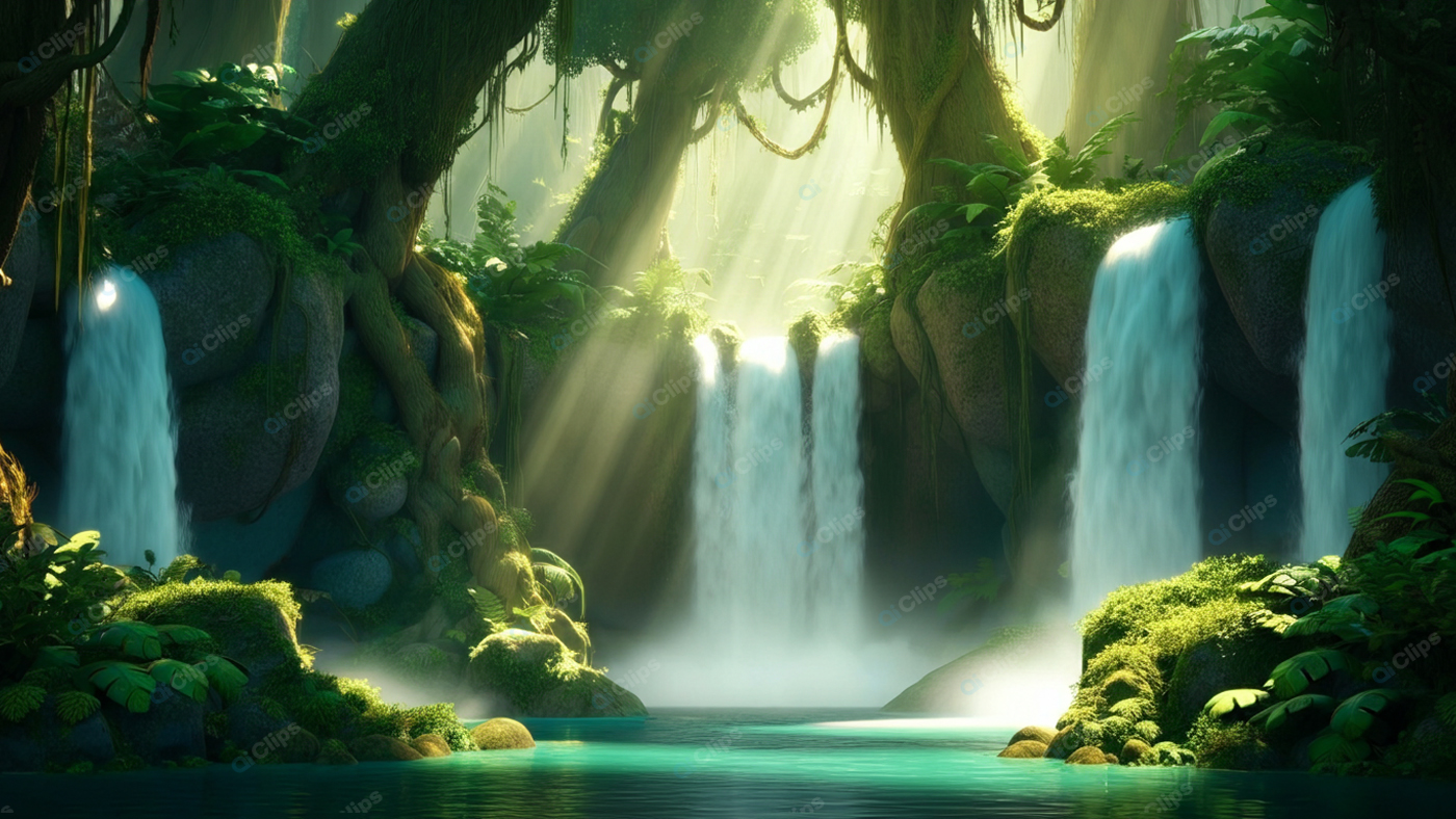 Tropical Waterfall in Sunlit Jungle Oasis