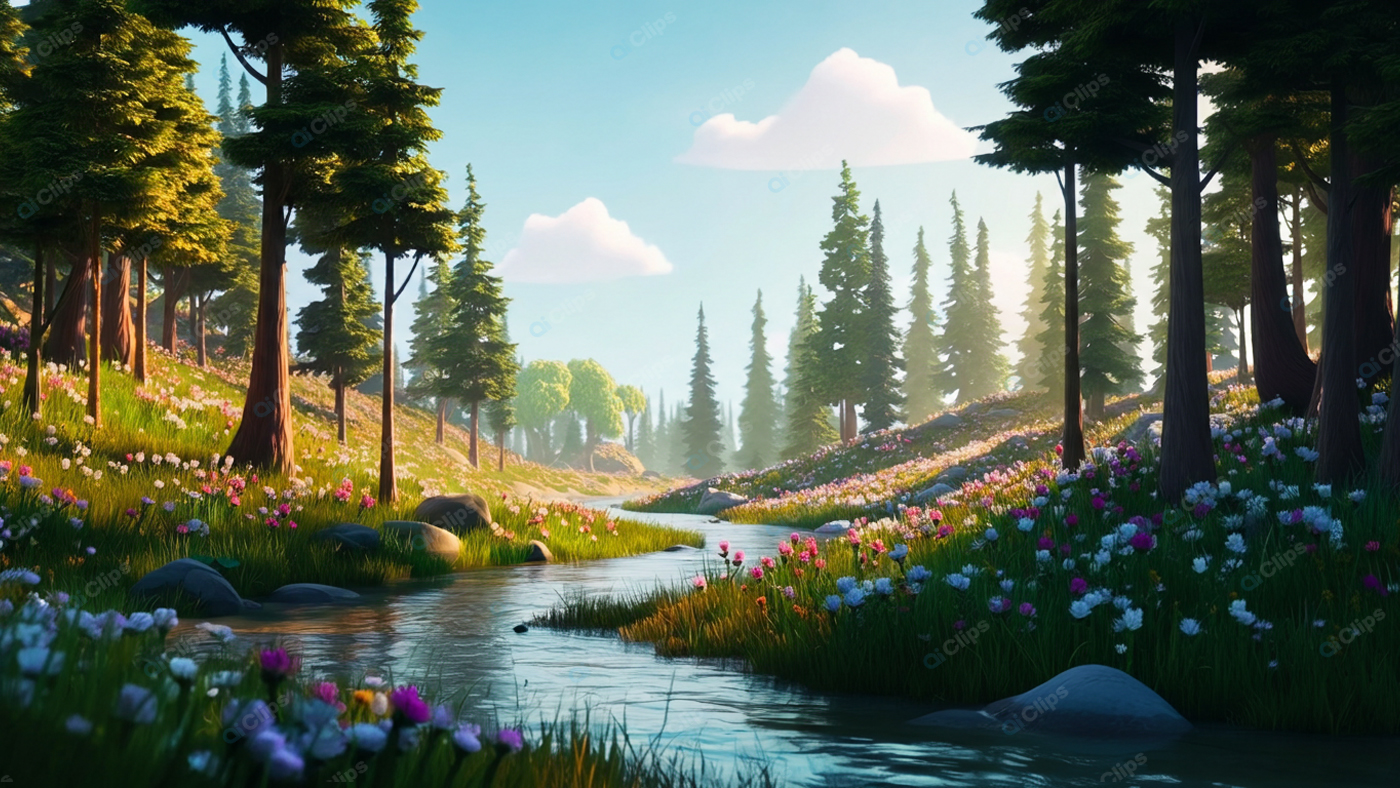 Sunny Forest Stream with Wildflowers and Evergreen Trees