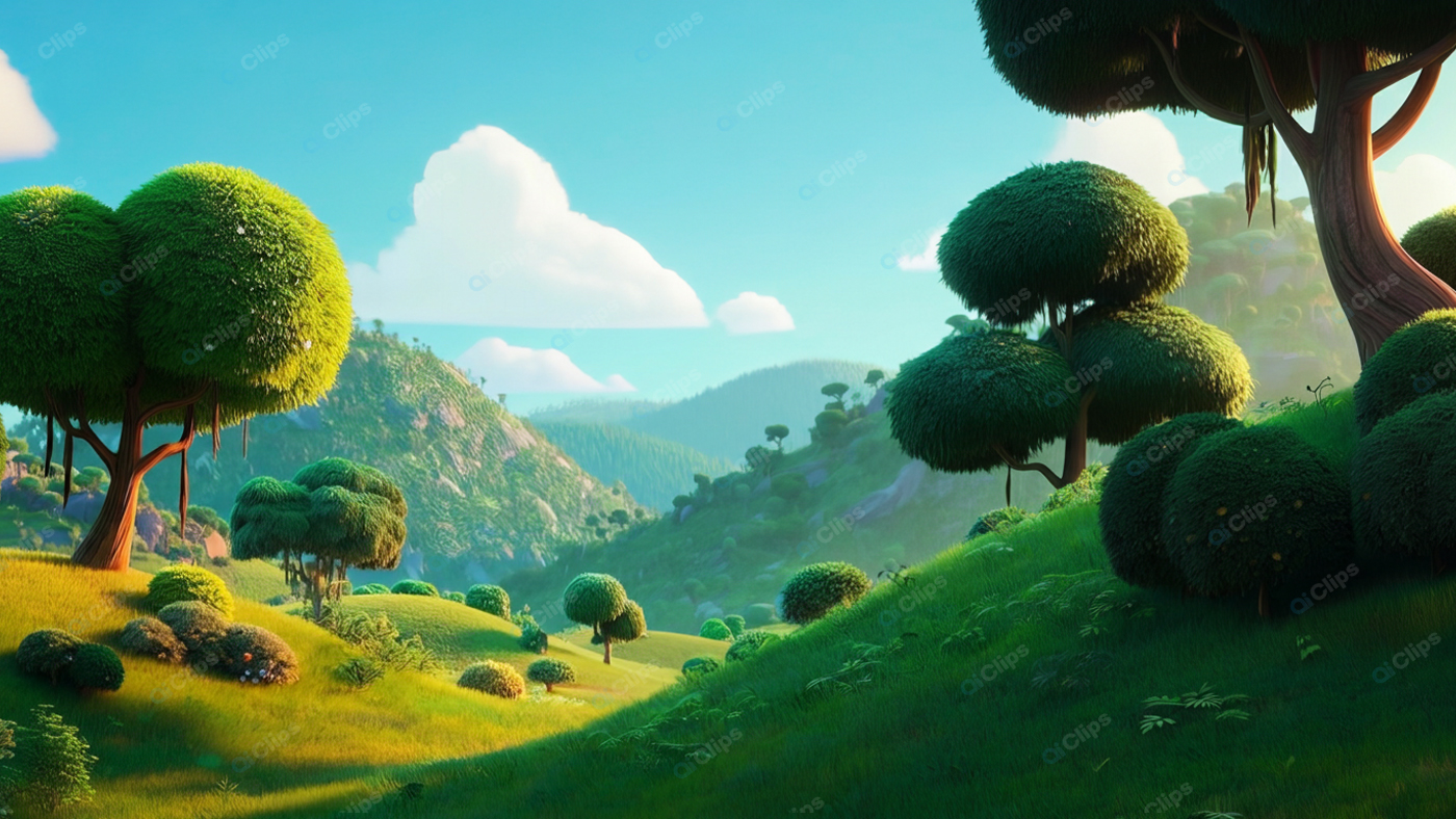 Cartoon Landscape with Lush Hills and Trees