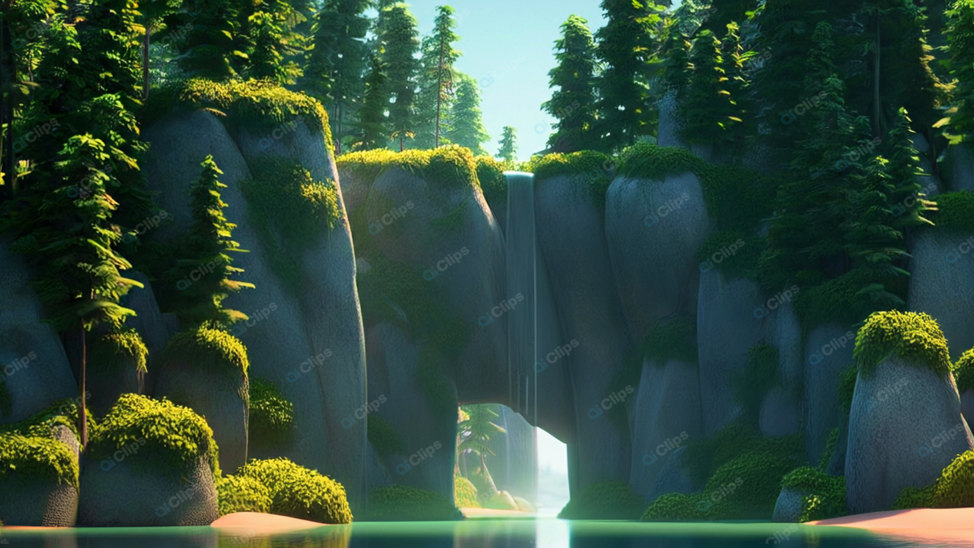 Lush Forest Waterfall with Sunlit Cliffs