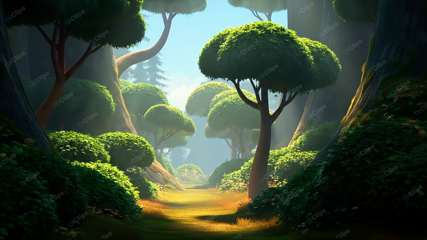 Lush Forest Pathway with Sunlight Streaming Through Trees