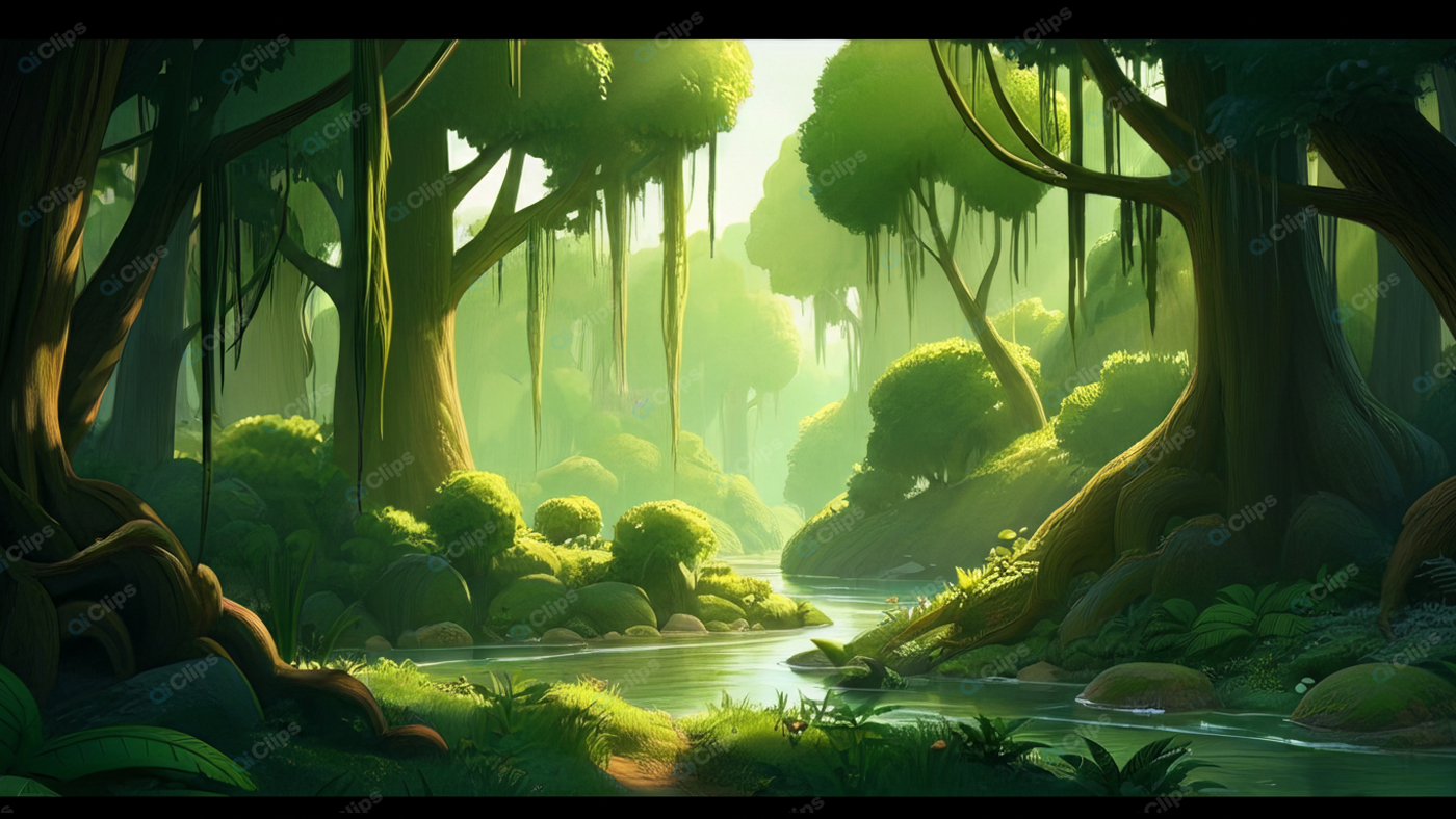 Lush Fantasy Forest with Sunlit Stream