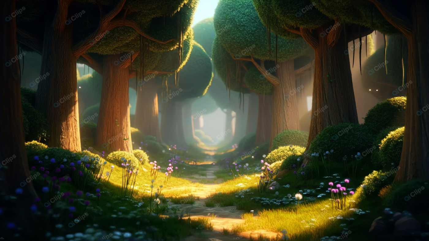 Enchanted Forest Pathway with Sunlit Trees and Flowers