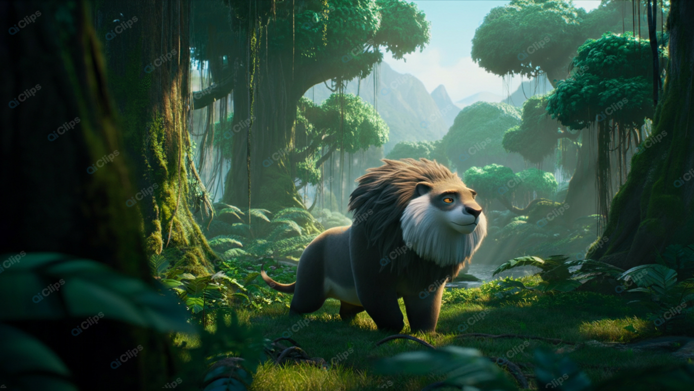 Lion in Lush Jungle with Sunlight Filtering Through Trees