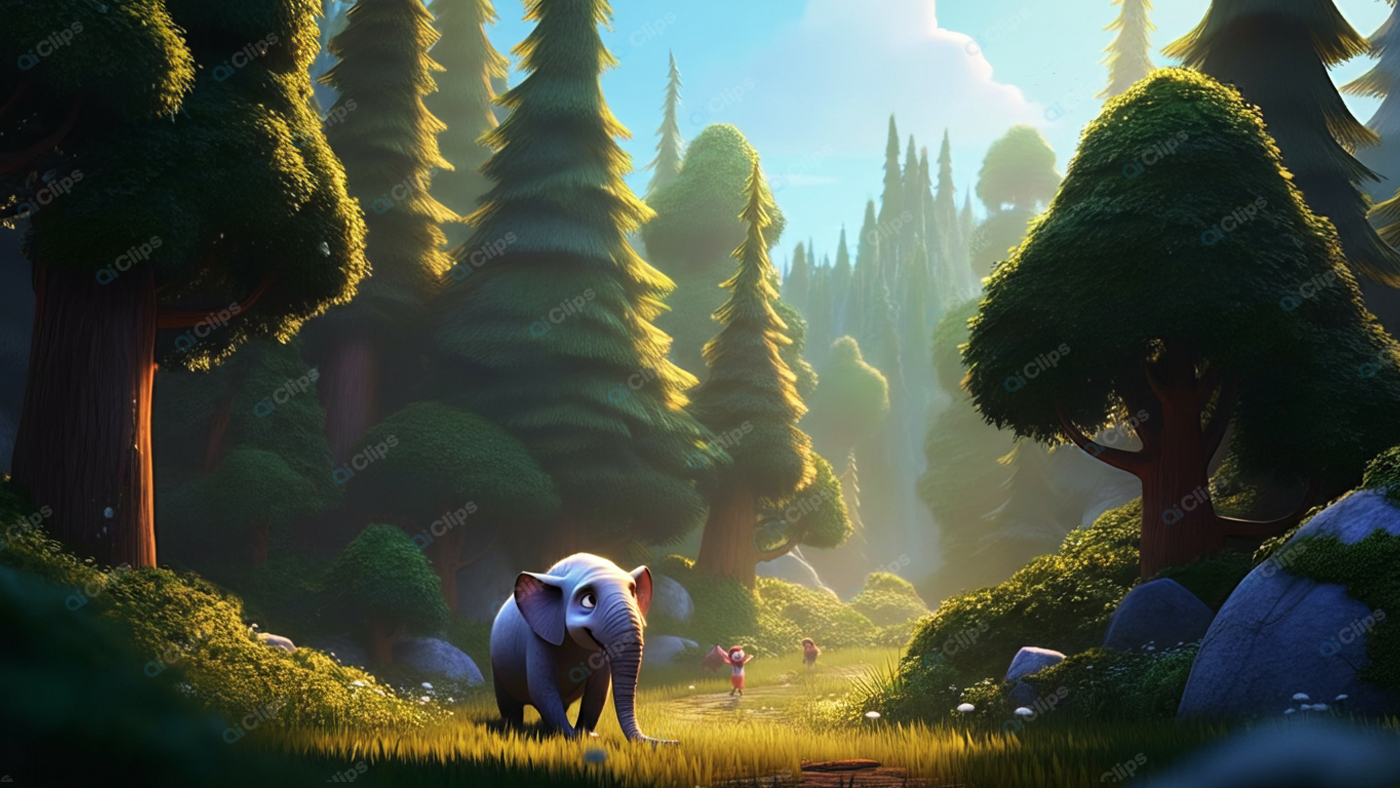 Animated Enchanted Forest with Elephant and Hikers