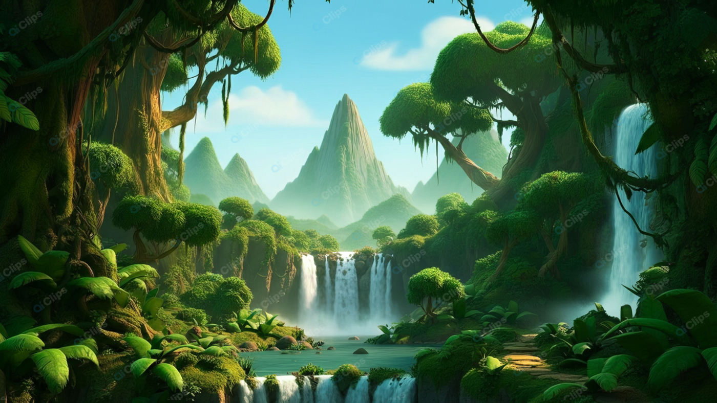 Lush Jungle Landscape with Waterfalls and Mountains