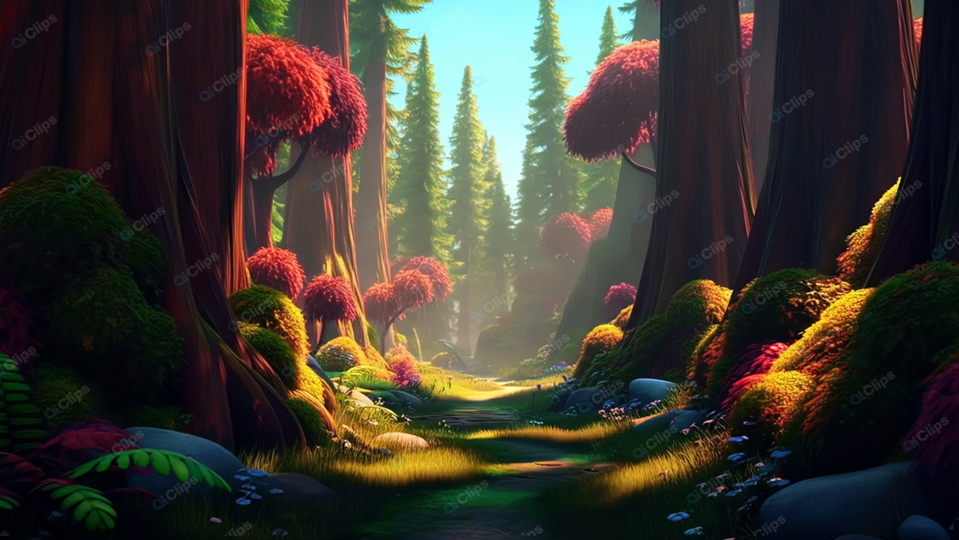 Enchanted Forest Path with Sunlit Trees and Vibrant Foliage