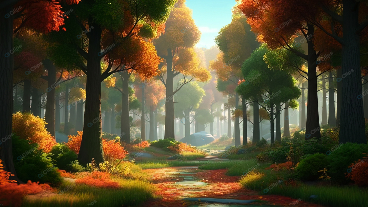 Autumn Forest Pathway with Vibrant Foliage and Sunlight