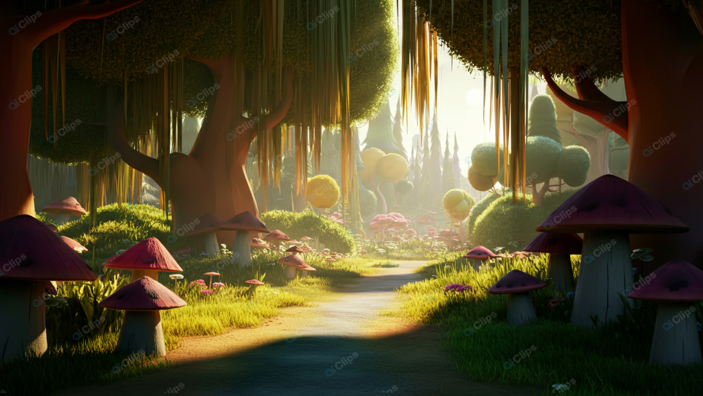 Enchanted Forest with Sunlit Path and Mushrooms