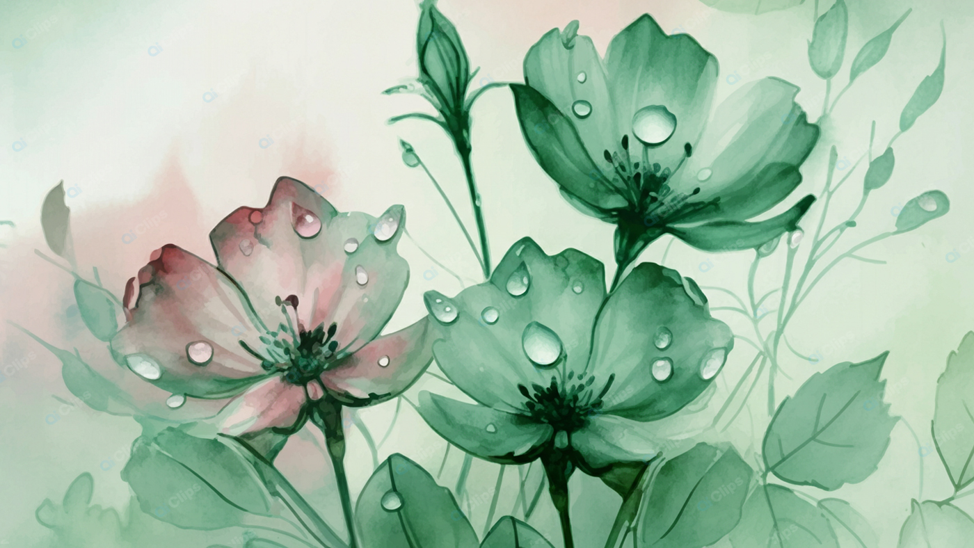 Watercolor Flowers with Dewdrops in Green and Pink Tones