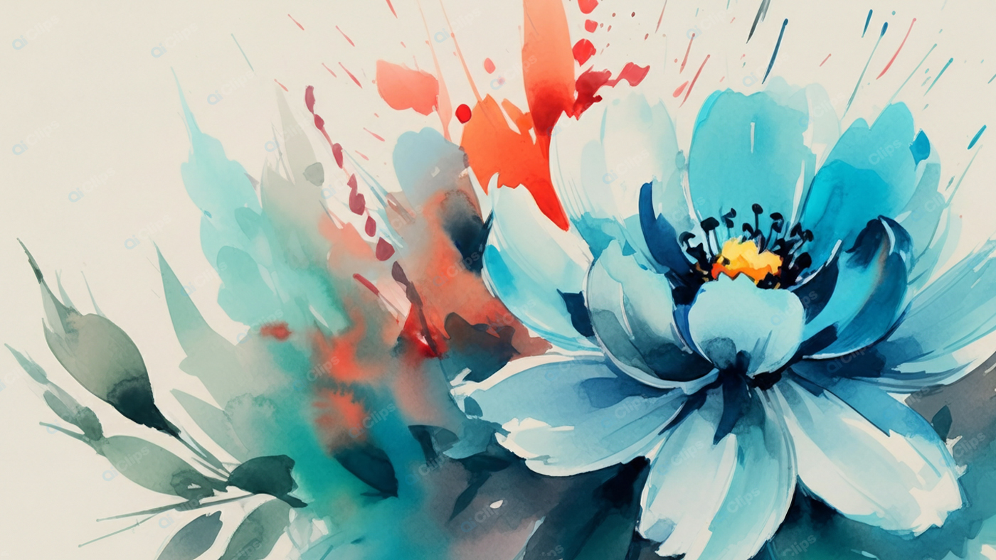 Blue Artistic Flower with Vibrant Watercolor Splashes