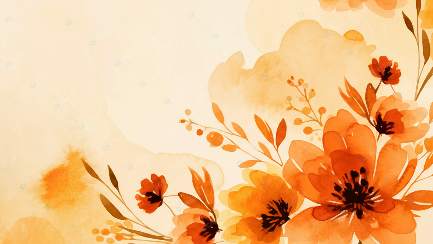 Orange Floral Watercolor Background with Delicate Petals and Hues
