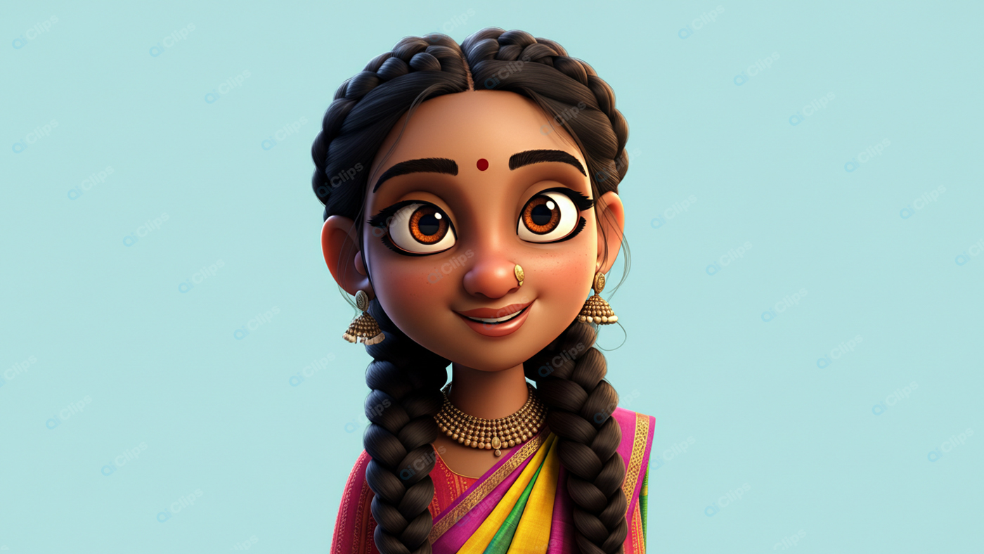 Traditional Animated Character with Colorful Sari and Accessories