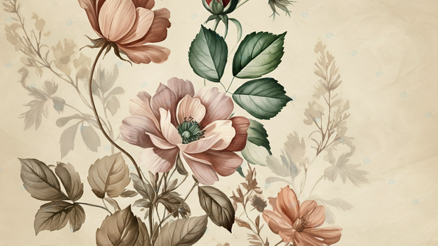Vintage Floral Illustration with Leaves and Roses