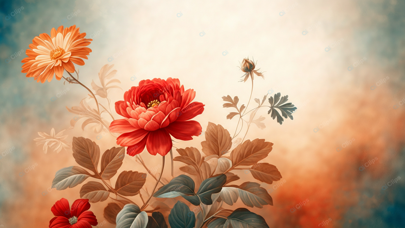 Vintage Floral Art with Red and Orange Flowers