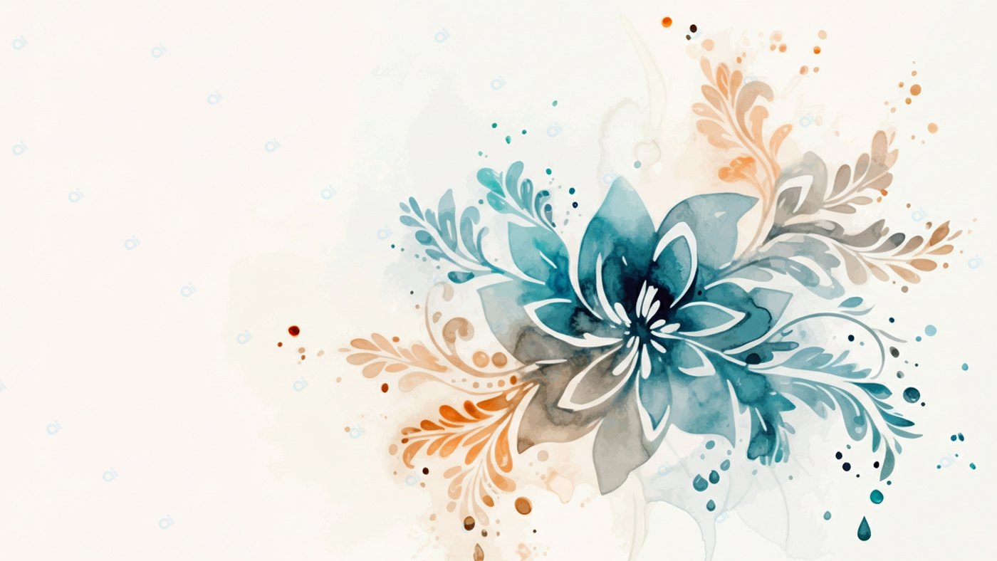 Watercolor Floral Design with Blue and Orange Accents