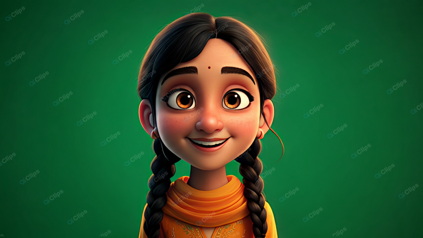 Young Animated Girl Smiling with Braids on Green Background