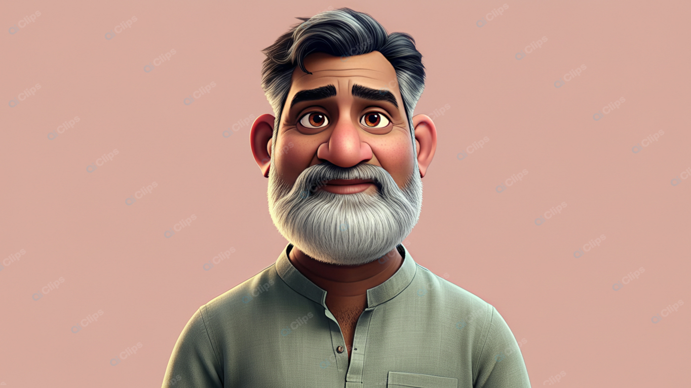 Elderly Animated Character with Beard in Traditional Attire