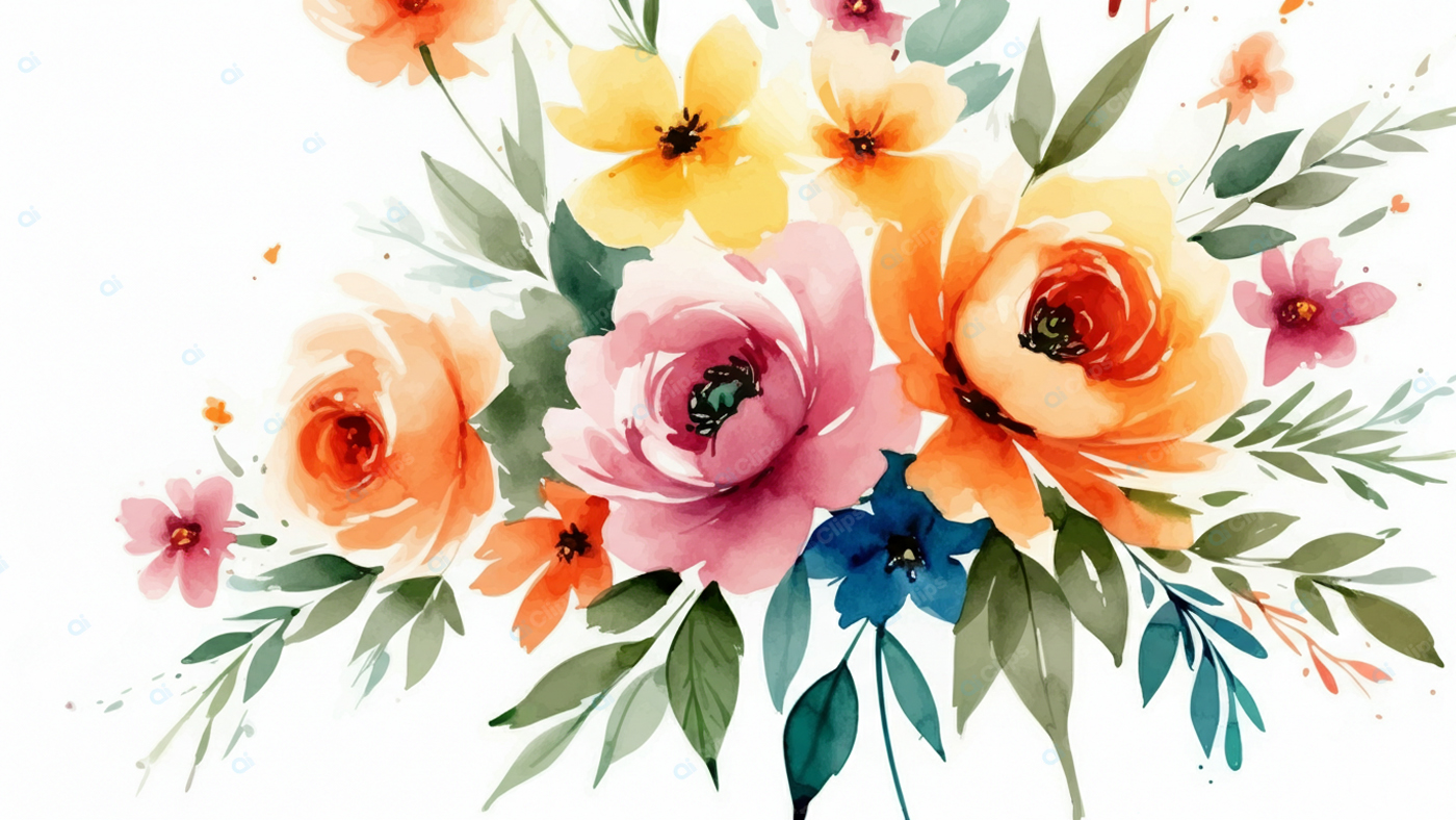 Watercolor Floral Bouquet Illustration with Vibrant Blossoms and Greenery
