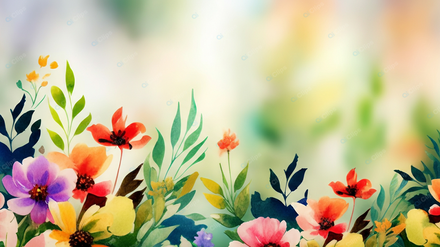 Watercolor Blooming Flowers and Leaves