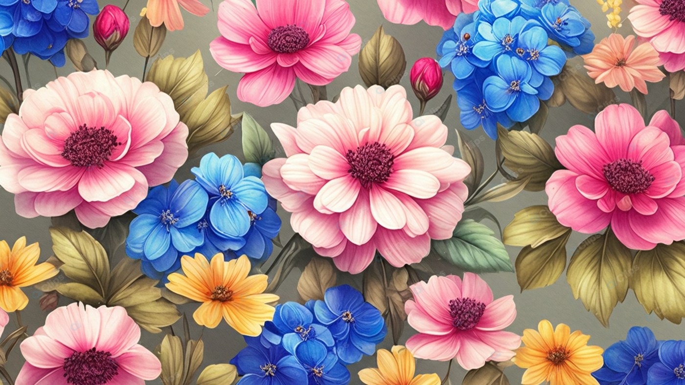 Colorful Floral Pattern with Pink, Blue, and Yellow Blooms