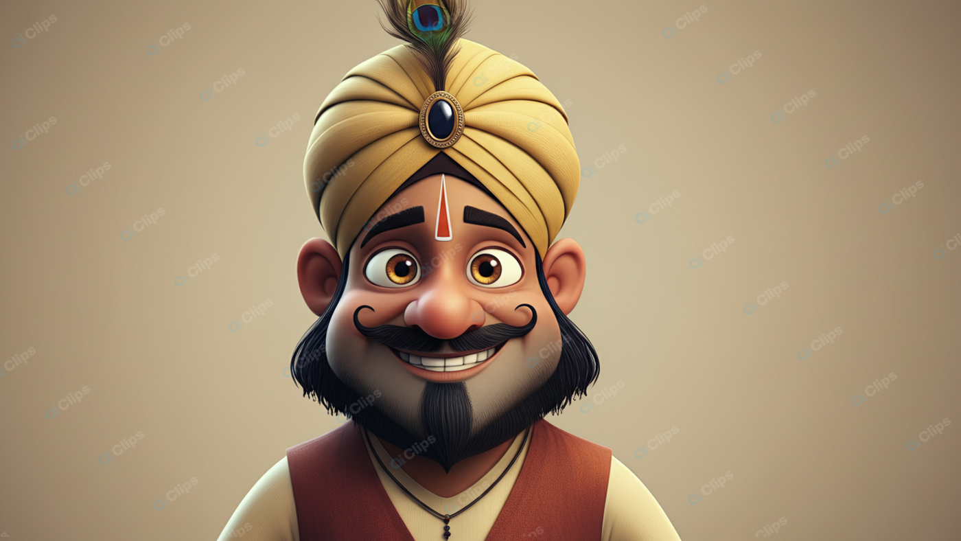 Smiling Cartoon Character with Turban and Peacock Feather